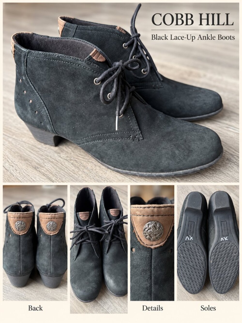 Cobb Hill Black Lace-Up Ankle Boots- Size 9
